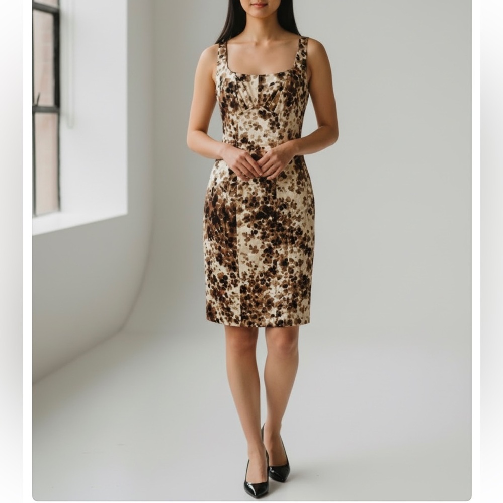 David Meister Floral Mini Dress in Cream and Brown